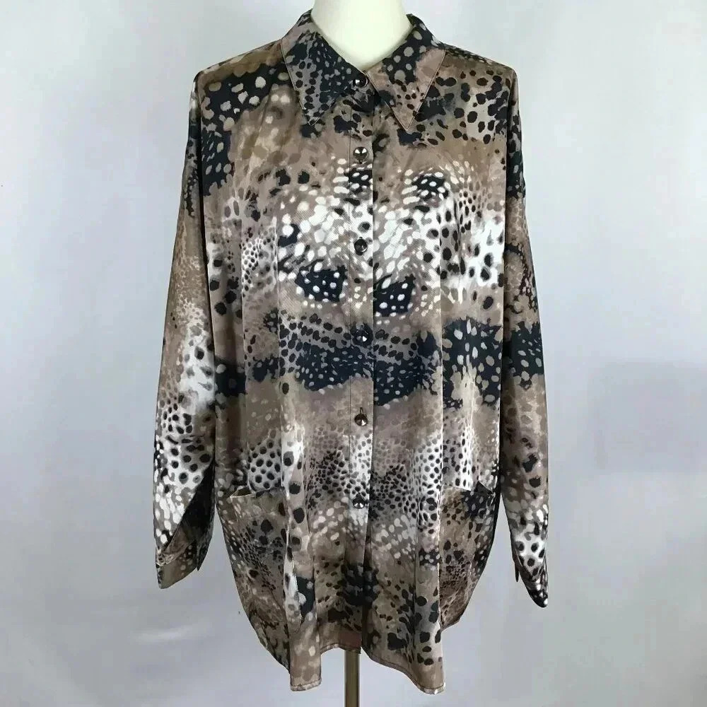 Women's 2X George Simonton Says Silky Office Leopard Print Tunic Shirt Pockets